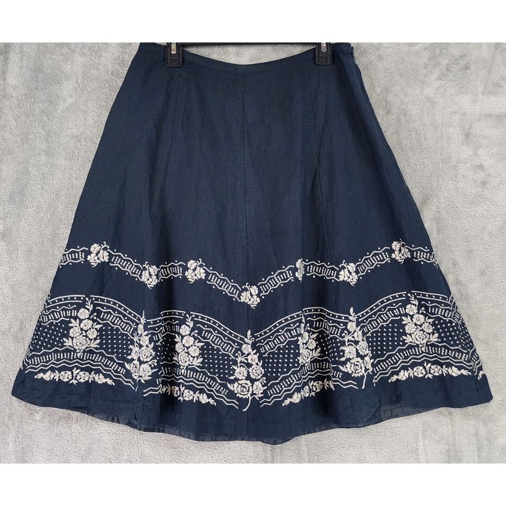 Dress Barn Skirt Womens 12P Black Floral Embroidered Distressed Linen Blend Midi